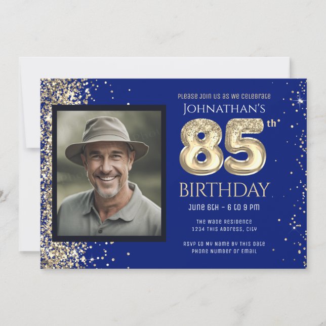Convite 85th Birthday Party Gold Glitter Blue Photo Invita (Frente)