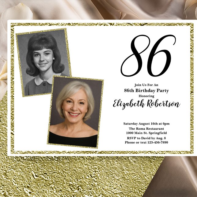 Convite 86º Personalizado Foto Branco e Dourado  (Criador carregado)