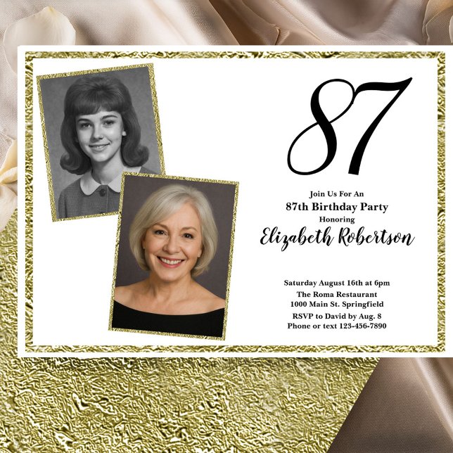 Convite 87º Foto Personalizada Branco e Dourado  (Criador carregado)