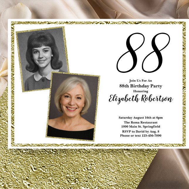 Convite 88º Personalizado Foto Branco e Dourado  (Criador carregado)