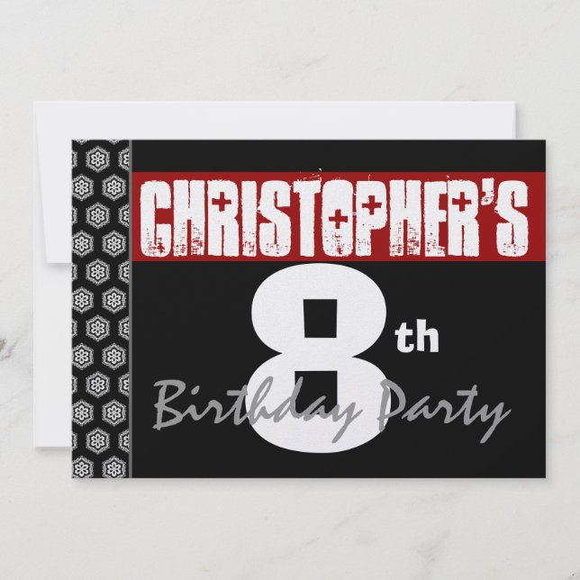 Convite 8.º aniversário Moderno para Ele Preto Branco Verm (Frente)