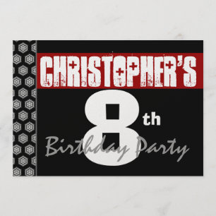 Convite 8.º aniversário Moderno para Ele Preto Branco Verm