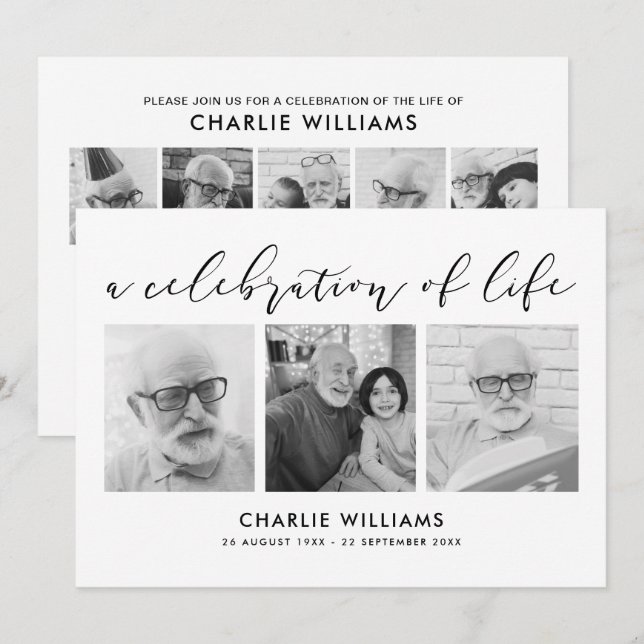 Convite 8-Foto Celebração da Vida/Funeral/Memorial (Frente/Verso)
