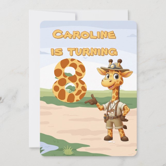 Convite 8th birthday Cute Explorer Giraffe on safari (Frente)