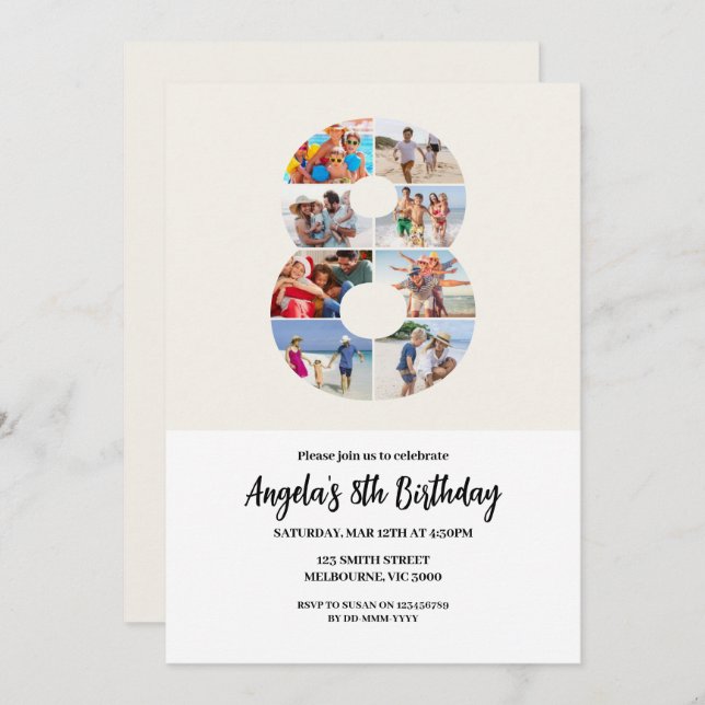 Convite 8th Birthday Invitation Minimalist - Number 8 (Frente/Verso)