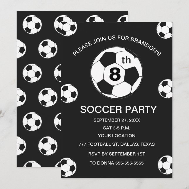 Convite 8th Birthday Party Soccer Black Boys Sports (Frente/Verso)