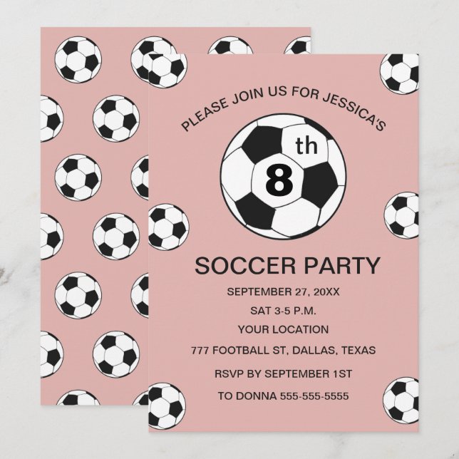 Convite 8th Birthday Party Soccer Pink Girls Sports (Frente/Verso)