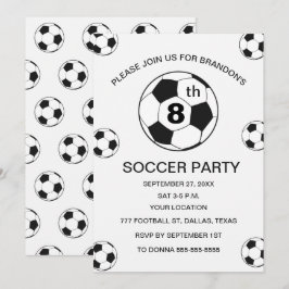 Convite 8th Birthday Party Soccer White Boys Sports