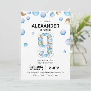 Convite 9ª Festa de aniversário, Blue and Dourado Balloon 