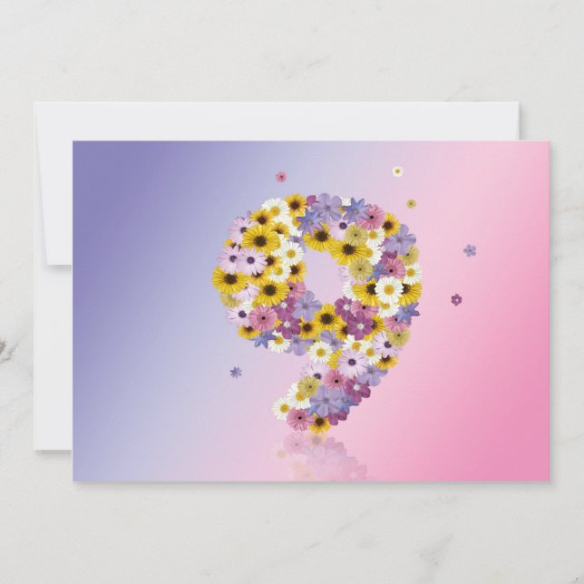 Convite 9ª Festa de aniversário, com letras floridas (Frente)