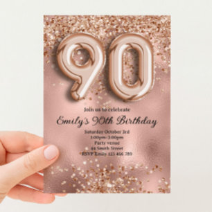 Convite 90º Aniversário Brilho Dourado Rosa