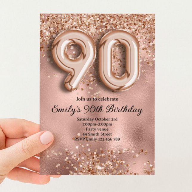 Convite 90º Aniversário Brilho Dourado Rosa (Criador carregado)