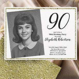 Convite 90º Personalizado Foto Branco e Dourado