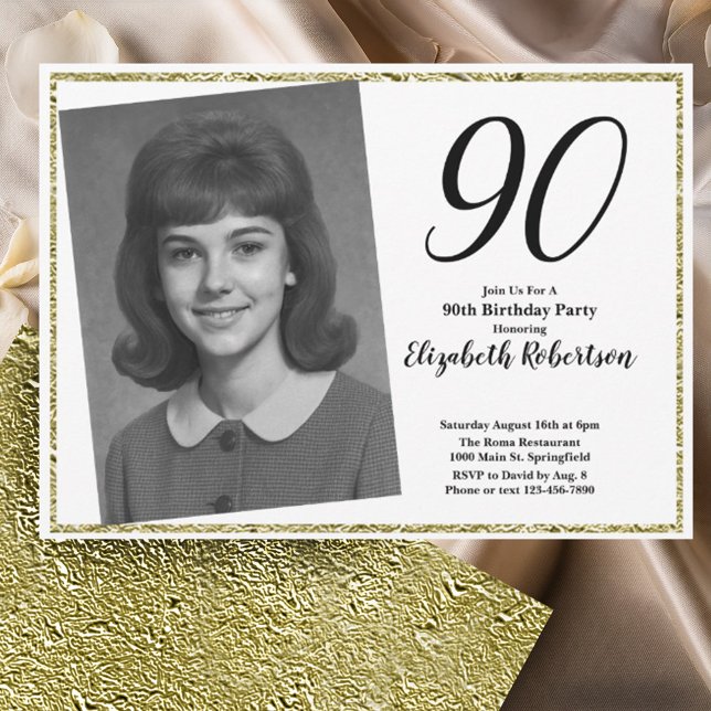 Convite 90º Personalizado Foto Branco e Dourado  (Criador carregado)