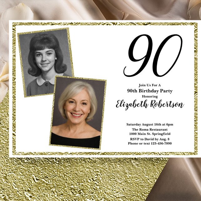 Convite 90º Personalizado Foto Branco e Dourado  (Criador carregado)