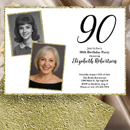 Convite 90º Personalizado Foto Branco e Dourado