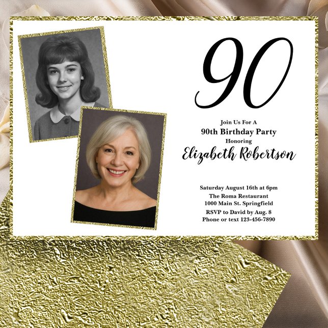 Convite 90º Personalizado Foto Branco e Dourado  (Criador carregado)