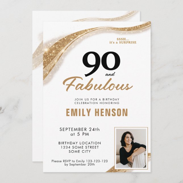Convite 90 and Fabulous Gold 90th Birthday (Frente/Verso)