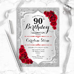 Convite 90 Aniversário - Rosas vermelhas de Stripes de Pra<br><div class="desc">Convite de aniversário de 90. Design elegante em prata e vermelho. Apresenta faixas de prata com brilho inverso,  fonte de script do rosa vermelha na moda e confetti. Perfeito para uma festa de aniversário de vidro.</div>