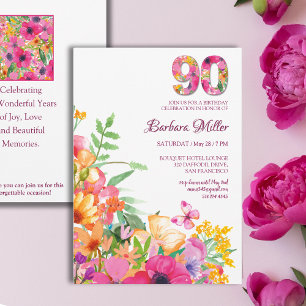 Convite 90 Anos Flores Borboleta Vovó Aniversário de 90 An