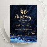Convite 90 Azul-Dourado Agate Marble, marinho, Aniversário<br><div class="desc">convite de aniversário 90 azul e dourado agate. Elegante design moderno com cor azul-real de água agate marble geode fundo, fonte falsa de ouro brilhante e script de tipografia. Trendy convida o cartão perfeito para uma comemoração de dia das mulheres na moda. Impressos convites Zazzle ou modelo de impressão digital...</div>