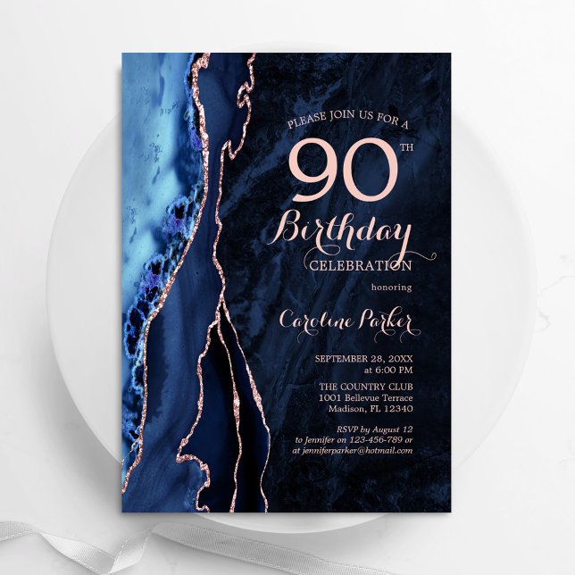 Convite 90 Azul Rosa Dourado Agate  Aniversário marinho Az (Criador carregado)