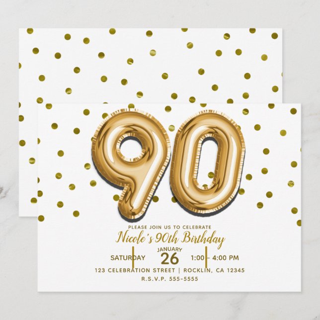 Convite 90 Balões Dourados e Confetes Aniversário de 90 An (Frente/Verso)