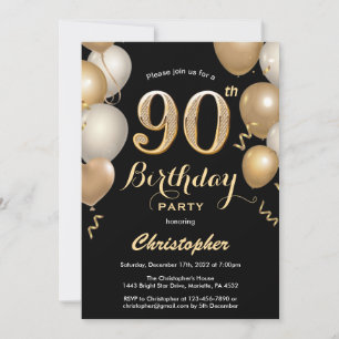 Convite 90 Birthday Black and Dourado Balloons Confetti