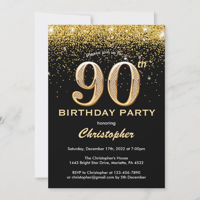 Convite 90 Birthday Black and Dourado Glitter Confetti (Frente)