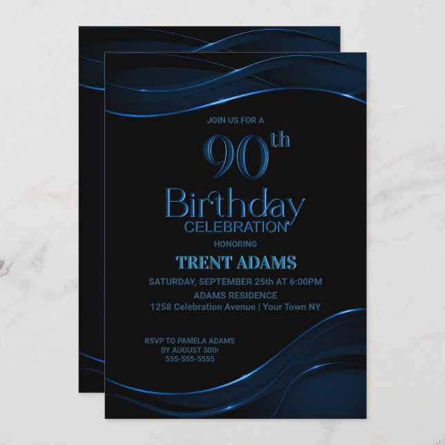 Convite 90 Birthday Black Blue Party (Frente/Verso)