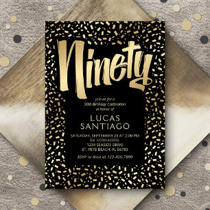 Convite 90 Birthday Black Dourado Confetti