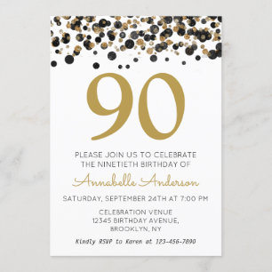 Convite 90 Birthday Black Glitter Sparkle Confetti