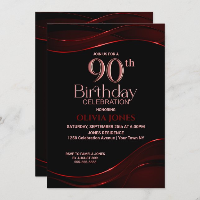 Convite 90 Birthday Black Red Party (Frente/Verso)