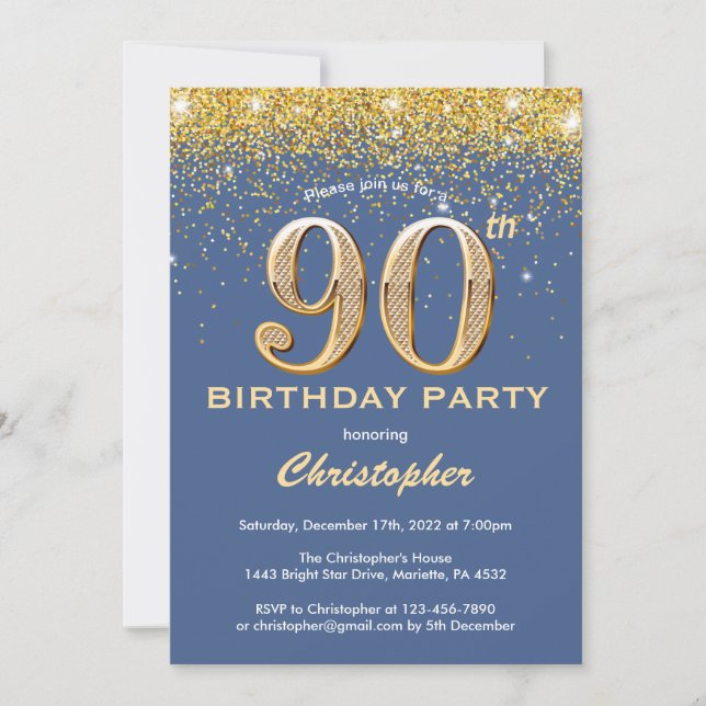 Convite 90 Birthday Blue e Dourada Glitter Confetti (Frente)