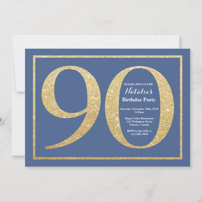 Convite 90 Birthday Blue e Dourado Glitter (Frente)