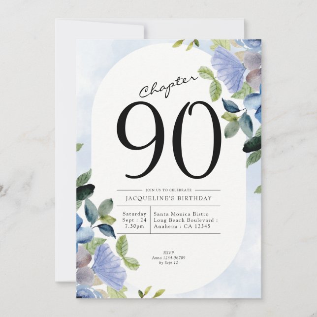 Convite 90 Birthday Blue Floral (Frente)