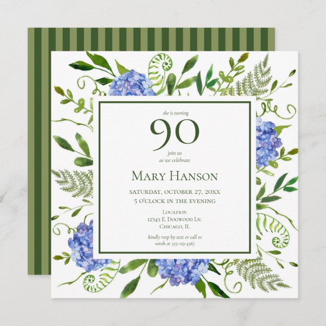 Convite 90 Birthday Blue Hydrangeas (Frente/Verso)
