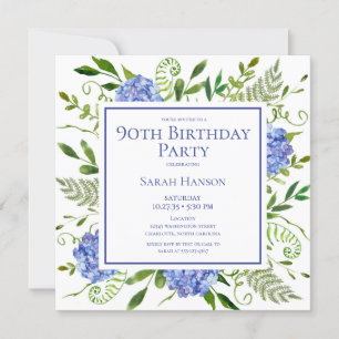 Convite 90 Birthday Blue Hydrangeas Floral Watercolor