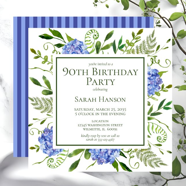 Convite 90 Birthday Blue Hydrangeas Floral Watercolor (Criador carregado)