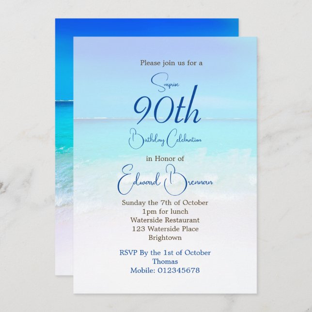 Convite 90 Birthday Blue Ocean Destino Aniversário (Frente/Verso)
