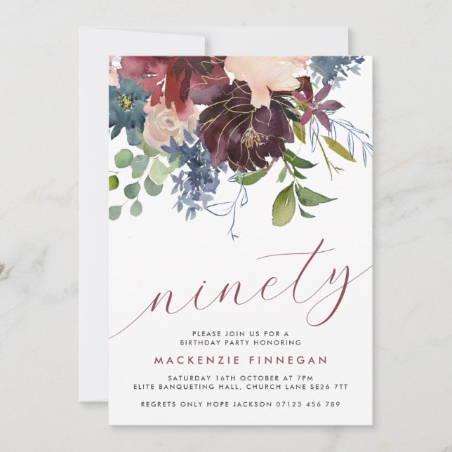 Convite 90 Birthday Burgundy & Marinho - Partido Floral (Frente)