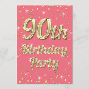 Convite 90 Birthday Dourado Bling Typografia Confetti Rosa