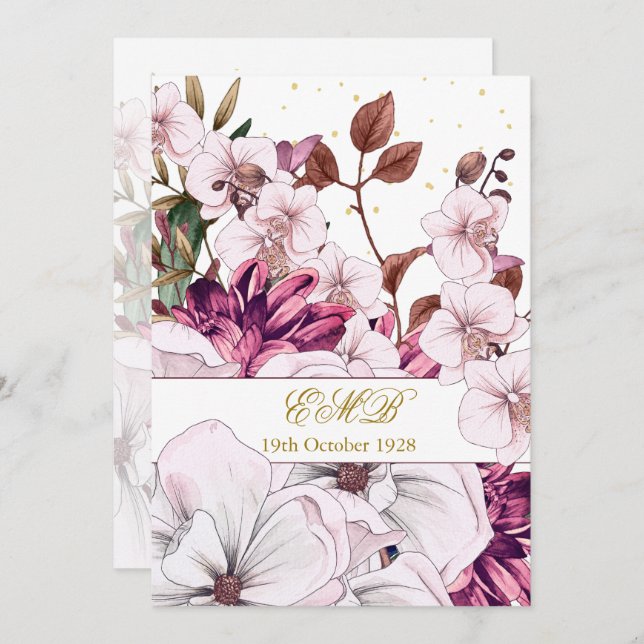 Convite 90 Birthday Dourado Burgundy Blush Floral Elegante (Frente/Verso)