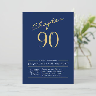 Convite 90 Birthday Dourado Script Azul