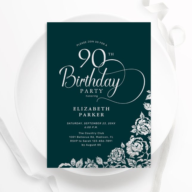 Convite 90 Birthday Elegant Emerald Green Silver Rosas (Criador carregado)