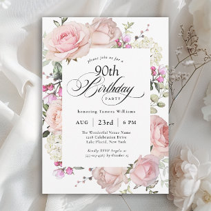 Convite 90 Birthday Elegant Pink Roses Calliografia