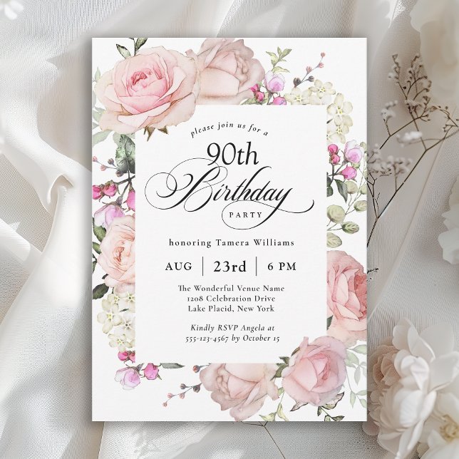 Convite 90 Birthday Elegant Pink Roses Calliografia (Available in both printed and instant download digital formats.)