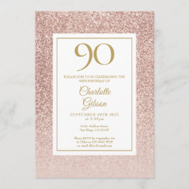 Convite 90 Birthday Elegant Rosa Dourada Glitter