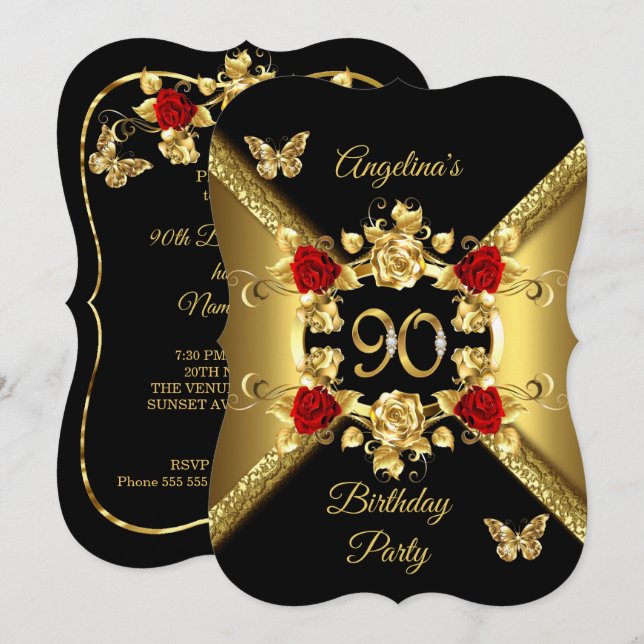 Convite 90 Birthday Elegante Rosas vermelhas Douradas Pret (Frente/Verso)