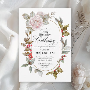 Convite 90 Birthday Feminine Floral dezembro inverno